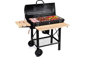 LEHMANN Barbecue a Carbonella con Griglia XL, Carrello Grill con Due Ripiani in Legno, Coperchio, Ruote, Manico non Riscaldante, Griglia a Carbone per Giardino, Terrazza, Campeggio