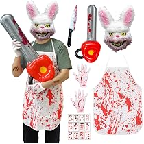 Costume d'Halloween de lapin tueur d'horreur – Costume de lapin tueur avec masque de lapin effrayant, tablier , faux couteau et tatouages temporaires blessés – Costumes d'Halloween de Costume d'Halloween de lapin tueur d'horreur – Costume de lapin tueur avec masque de lapin effrayant, tablier , faux couteau et tatouages temporaires blessés – Costumes d'Halloween de