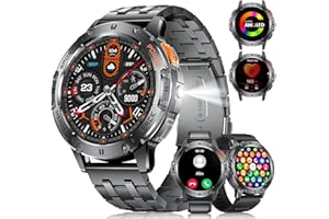ESFOE Montre Connectée Homme 5ATM Étanche avec Appels Bluetooth 1,53" AMOLED Militaire Smartwatch avec Torche LED Fréquence Cardiaque SpO2 Surveillance Fitness Tracker pour Android iOS