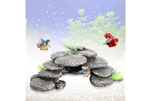 Silkwish Akwarium jaskinia – kamienie dekoracyjne z symulowaną trawą wodną do akwarium, terrarium - akcesoria do żółwi wodnych, tunel do ukrycia krewetek, 23,2 x 14 x 8 cm