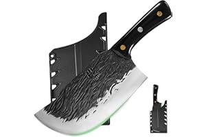 FULLHI Manico in legno Mannaia per carne pesante con fodero 2 pezzi, affettatrice in acciaio ad alto tenore di carbonio per la casa, il campeggio e il barbecue (Nero, 21cm)