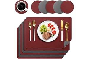 DELENTO Platzsets Abwaschbar 6er Set, Tischsets Lederoptik Platzdeckchen Abwischbar Doppelseitiges Platzset mit Untersetzer für Küche, Haus, Restaurant, 43x30cm (Rot)