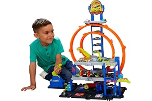Hot Wheels Toy Car Track Set with Die-Cast Car & Helicopter, 2 Loops, Storage for 36 1:64 Scale Vehicles, Speed Snap Adapters, Mega Loop Garage