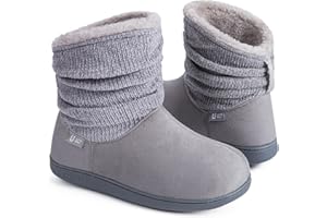 LongBay Ladies' Warm Chenille Knit Bootie Slippers Women's Comfy Suedette Fluffy Faux Fur Memory Foam Boots House Shoes