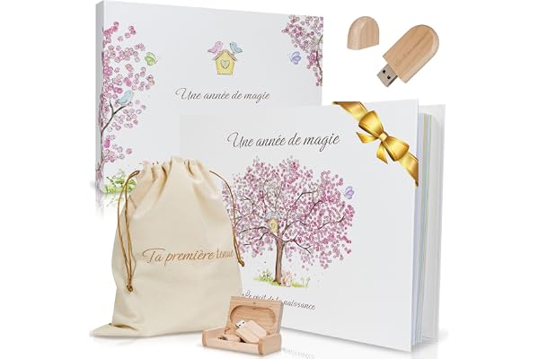 Livre de naissance bébé avec Clé Usb pour les souvenirs numérique et Pochon pour la 1ère tenue- Album Photo Bebe 116 pages pour coller vos photos et écrire - Idéal Cadeau naissance fille et garçon