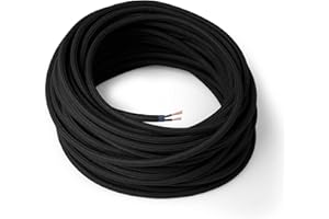 Amarcords - Câble électrique textile couleur NOIR, rond, coton, 10 mètres, à 2 brins 2x0,75 - Fil vintage en tissu coloré, pour lampes, lustres, appliques et abat-jours.