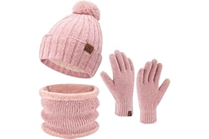 ZASFOU Womens Winter Beanie Hats Scarf Neck Warmer Touchscreen Gloves Set Warm Fleece Lined Chenille Knit Skull Caps