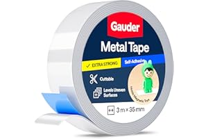GAUDER Self-Adhesive Metal Tape - Ideal for Tonie® Figures & Shelves - Holding Surface for Magnets - Ferrous Tape with Foam Adhesive - Thin Metal Steel Strip (3 m x 35 mm)