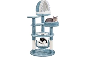 Yaheetech Albero Tiragraffi per Gatti 115 cm con 2 Posatoi Amaca Cuccia a Forma di Squalo Corda di Sisal Naturale Stile Oceano Gioco Blu Bianco