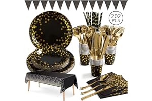 Aschef 202 Pcs Vaisselle Noir et Or Assiette Couvert Pas Cher Fourchette Couteau Cuillère Tasse Paille Serviette Nappe pour anniversaire Fête de Mariage Soirée Party Camping 25 Invités