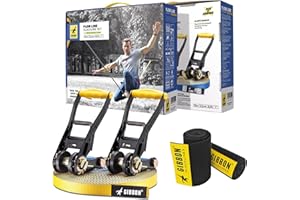 Gibbon Slacklines, Flow Line, con Treewear, blu-giallo, 25metri (22,5m di fettuccia slackline+2,5m slackline con cricchetto cucito)larghezza 1"/2,5 cm