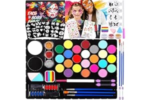 ITMNMNL Truccabimbi Kit,33 Colori Truccabimbi Kit Anallergici Atossici,Trucca Bimbi,con 3 Pennelli,44 Stampini,Stencil a Diamante,Body Painting Colori Trucchi Halloween Bambini per Carnevale Cosplay