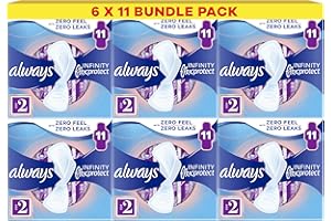 Always Infinity FlexProtect Sanitary Towels, Size 2 Long, 6 Packs of 11 Count, Unscented, for up to Zero Feel & Zero Leaks, Super Absorbent & Flexible Protection
