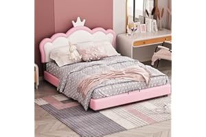 MOIMHEAR Kinderbett Polsterbett 140x200cm Mit Lattenrosten und Rückenlehne, Mädchenbett Mit Kronenformung, Rosa (140x200cm)