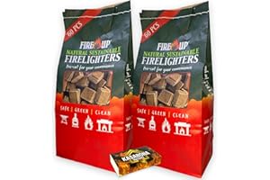 FIRE UP Natural Sustainable Firelighters – Perfect for lighting BBQs, fireplaces, and open fires - FSC Certified and Co2 Neutral NO palm oil – Includes KasaBona Matches (Pack of 120)