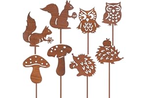 LEIKEDUN Lot de 8 piquets de jardin aspect rouille pour décoration d'automne en extérieur, 25 cm, décoration de jardin avec hibou, hérisson, champignons et écureuils, en métal des deux côtés, pour l'extérieur
