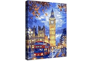 HALFLEMART Wooden Framed Canvas Wall Art London City Big Ben Red Bus View Painting on Canvas Prints Poster Blue Yellow Red Pictures for Living Room Bedroom Home Office Hallway Corridor Wall Decor 30x40cm
