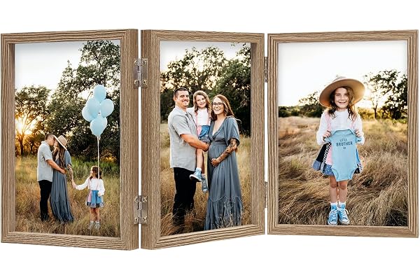 AVEAX Cadre Photo Triple 10x15 cm, Cadre 3 Photos Pliable avec Vitre, Cadres Photo pour Table, Cadeau pour Famille, Amis, Grain de Bois