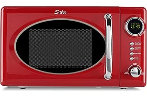 Salco Retro Mikrowelle I mit Grillfunktion I 800W I metallic-rot I 8 Automatikprogramme I 5 Leistungsstufen I 60-Minuten-Timer I Kindersicherung I Drehteller Ø 24,5 cm I Auftaufunktion