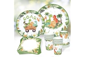 QIFU Assiette Dinosaure Anniversaire Garcon, 24 Invités Kit Vaisselle Jetable Jungle, Verte Set Assiette Carton Tasses Et Serviettes En Papier Four Decor Dinosaure