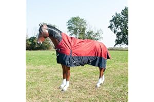 BRAMA WEST Brama-West Couverture d'hiver pour cheval 200 g Dakota Turnout 600D - Couverture de pâturage doublée - Imperméable - Col haut - Rouge/bleu marine