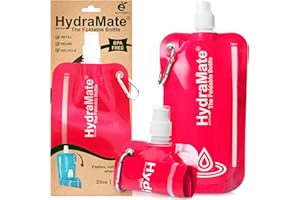 HydraMate Faltbare Trinkflasche 750ml Wiederverwendbare Faltbare Wasserflasche. Zusammenklappbare, Leichte, Flexible, Rollbare, BPA FREIE. Wasserbeutel nachfüllbar mit Karabinerhaken. Rosa
