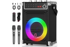 JYX Máquina de karaoke con 2 micrófonos inalámbricos UHF, altavoz Bluetooth con ajuste de graves/agudos/eco y luz LED, compatible con TWS, entrada AUX, FM, REC, suministro para fiestas/adultos/niños