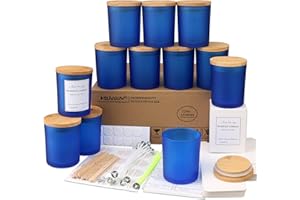 MILIVIXAY Lot de 12 pots à bougies en verre bleu dépoli de 355 ml avec couvercles et kits de fabrication de bougies – Pots vides en vrac pour la fabrication de bougies – Contenants d'épices et de