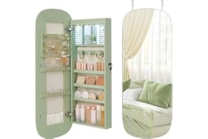 SONGMICS Mirror with Storage, LED Mirror Jewellery Cabinet Wall/Door Mounted, Lockable Rounded Wide Jewellery Organiser, 10 x 42 x 108 cm, Laurel Green Surface with Cream White Lining