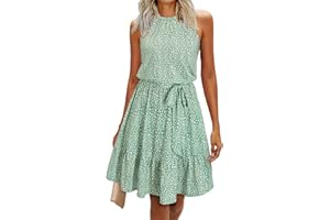 Newshows Summer Dresses, Women's Knee-Length Elegant Dress, Floral Pattern, Halterneck Ruffle Casual Dresses with Pockets