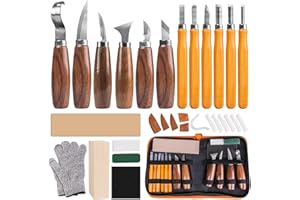 FANTICDE Holz SchnitzwerkzeugSet,30 in 1 SchnitzsetSet mit 12 Schnitzmesser,mit für Anfänger/Profis Schnitzen mit Schnittfeste Handschuhe,Mattiertes Papier und Schleifsteine,Lederschutzhülle
