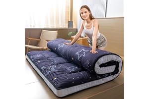 MAXYOYO, Futon, materasso imbottito giapponese da pavimento, trapuntato, pieghevole, spessore extra, traspirante, per ospiti (motivo con lune e stelle, 90 x 200 cm)