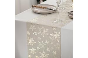 WELTRXE Table Runner with Snowflake Gold Foil, 28cmx5m Faux Linen Polyester-Cotton Table Runner Roll, Cuttable, Reusable, Sparkling Table Decoration for Wedding Birthday Party Christmas Dinner Decor