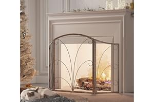 Kingson 3-Panel Arched Fireplace Screen Decorative, Handcrafted Scroll Wrought Iron Fire Spark Guard Cover for Wood Burning Fireplace-Brushed Copper