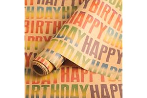 ENYRIANX Birthday Wrapping Paper Roll 43cm x 10m, Kraft Gift Wrap with Colourful Happy Birthday Print, Recyclable Mini Roll for Presents