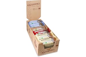‎HAFERVOLL HAFERVOLL neue Organic Mixbox, 4 Flapjack-Sorten mit einer veganen Sorte, 18 x 60g Bio-Müsliriegel, Bio-zertifiziert, Almond & Raisin, Poppy Seed & Apricot, Sweet & Salty Almond, Cranberry & Cacoa Nib