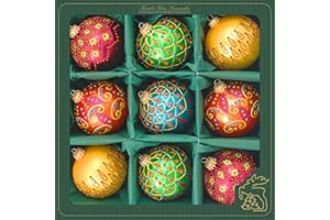 Krebs Glas Lauscha - Dekoracja bożonarodzeniowa / ozdoba choinkowa ze szkła – bombki bożonarodzeniowe – kolor: zielony/niebieski/czerwony/szafran – 9 sztuk – rozmiar: ok. 8 cm