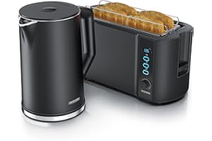 ‎ARENDO Arendo - Wasserkocher mit Toaster SET Edelstahl Schwarz, Wasserkocher 1,5L 40° 100°C Warmhaltefunktion Toaster 4 Scheiben LED-Display 6 Bräunungsgrade Brötchaufsatz