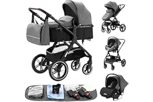 GLOKID Poussette 3 en 1，Poussette Canne，Trio，Avec Siège Accessoires，Adaptateurs Universels，Landau Bébé jusqu'à 25 kg，4 roues avec amortisseurs，Nacelle，Grandes Roues，pliage d'un clic (X1 Gris)