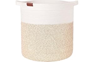Febzoce Woven Laundry Basket, Toy Storage Basket Baby Nursery Storage Basket Cotton Rope Blanket Baskets with Handle, Natural White/Desert Tall & Large 38 x 48 cm