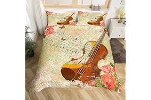 LOUSSIESD Violino violoncello copripiumino note musicali strumento set biancheria da letto musica classica comforter copertina vintage fiori biancheria da letto e lino 3 pezzi cerniera super king