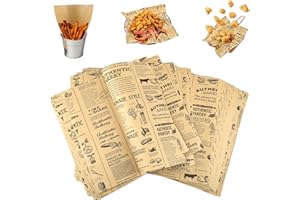 HOPTON 100 Pcs Greaseproof Paper Sheets, Burger Paper Sheets, 25 X 25 cm Retro Newspaper Printing Style Food Wrapping Papers, Safe Greaseproof Deli Wrap Papers for Sandwiches,Burgers,Chips,Bread