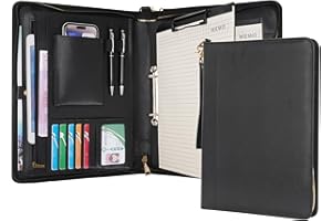 Wason Porte-documents A4 avec Fermeture Éclair - Padfolio en Cuir PU avec Classeur à Anneaux Détachable et Support Bloc-Notes, Organiseur Conférence Multi-Poches pour Bureau Voyage École(Noir)