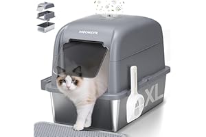 MeoWant Caja de Arena para Gatos de Acero Inoxidable, Arenero Gatos XXL con Pala y Estera de Doble Capa, Inodoro Cerrado en Forma de U, Inodoro Extraíble de 81 L con Pedal, Pala y Tapete (Gris)