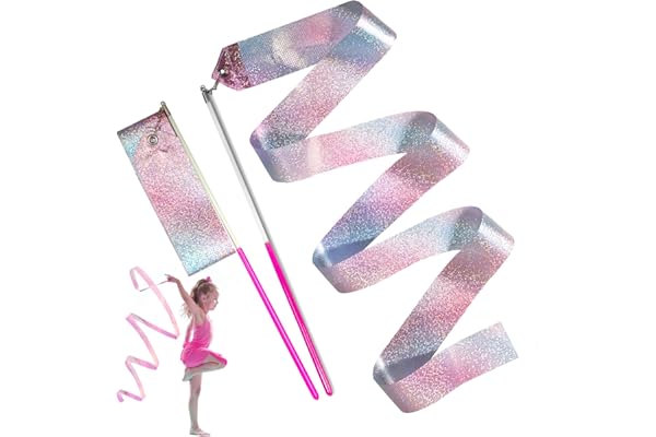 Paquet de 2 serpentins de ruban de danse étincelants, bâtons de ruban de gymnastique pour enfants de 6,6 pieds - Bâtons de rythme virevoltant pour chef d'orchestre de danse des arts du spectacle