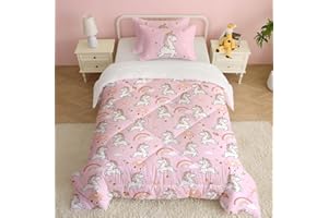 CINYE Kids Single Coverless Duvet for All Seasons, Single Quilt with Unicorn and Rainbow 3D Patterns, Comforter 135x200 cm with two 50x75cm pillowcases, Pink
