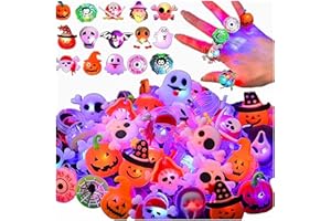 Syzplnwy Halloween LED Light Up Rings - 50 Pack Glow Party Favors for Kids, Skull Pumpkin Spider Ghost Rings, Trick or Treat Supplies, Party Bags Filler