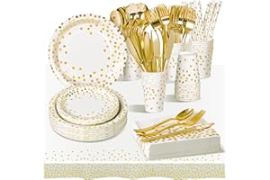 AIPartywar 226 Pcs Piezas Blanco Oro Cumpleaños Vajilla de Fiesta, Platos y Vaso Cumpleaños Infantil, Juego de vajilla para Fiestas Platos Vasos Servilletas Cubiertos -25 Invitado