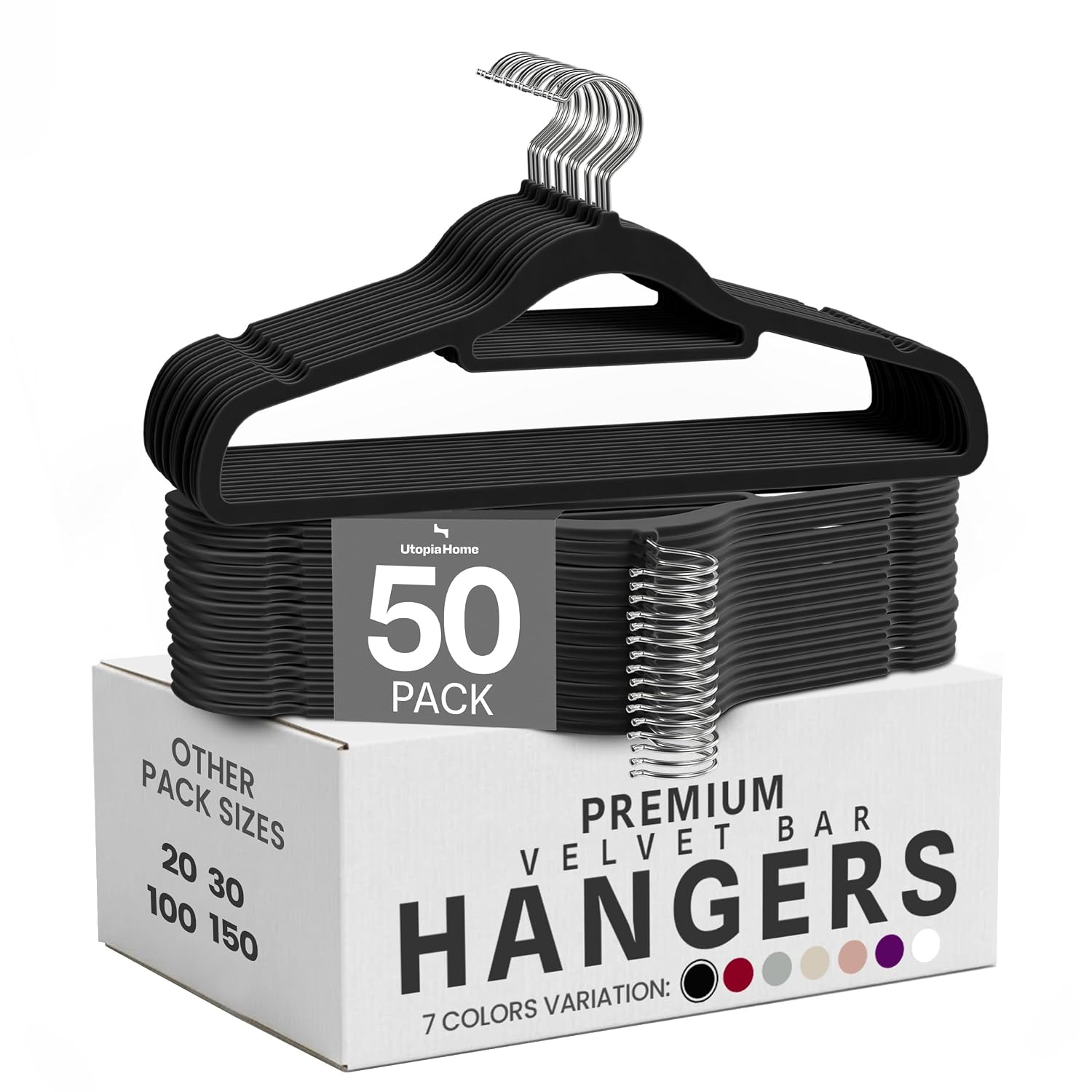 Utopia Home Grucce Velluto con barra cravatte (Nero, Set da 50) | Appendiabiti antiscivolo | Design elegante | Resistenti | Adatti per abbigliamento da adulto, cappotti e completi