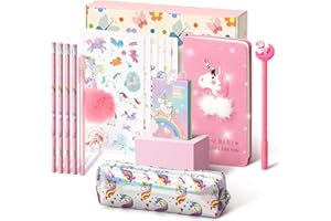 Cooyou Unicorno Bambina Regalo 6 7 8 9 10 11 12 Anni, Set Cancelleria con Astuccio e Penne Colorate e Diario Segreto, Rosa